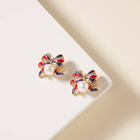 USA Flag Bow Pearl Earrings